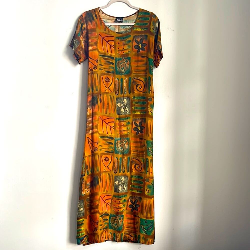 Vintage 90’s Y2K batik print tie back scoop neck shirt sleeve maxi dress sz M - Picture 1 of 9
